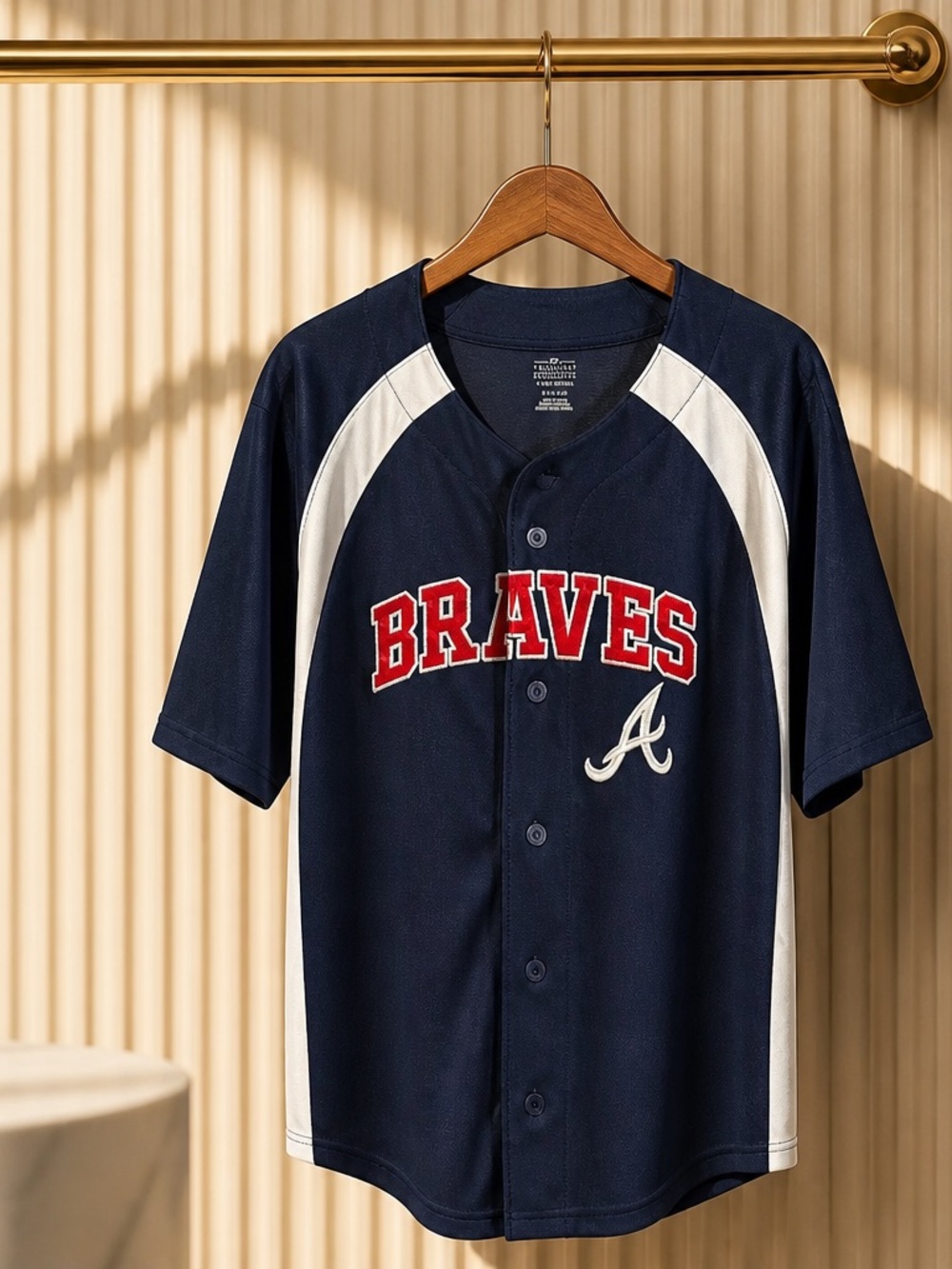 Source Unknown Navy Blue Braves Button-Up Jersey with White and Red Accents